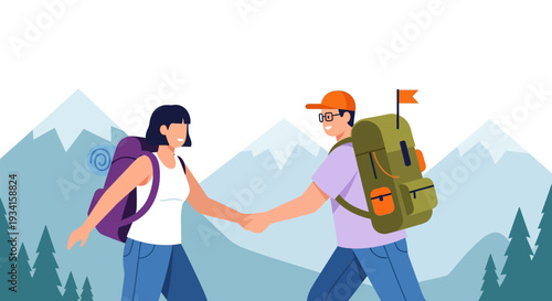 Adventurous Couple Hiking Hand in Hand in Mountains with Backpacks - Flat Vector Illustration