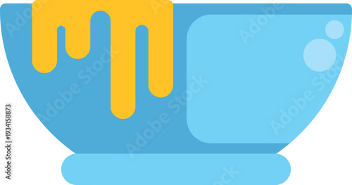 Blue bowl with yellow liquid dripping down in a flat design illustration