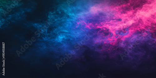An abstract dark blue background features a textured cloudscape where bright rays of light pierce through smoke and stormy clouds like a celestial sun over the deep night sky