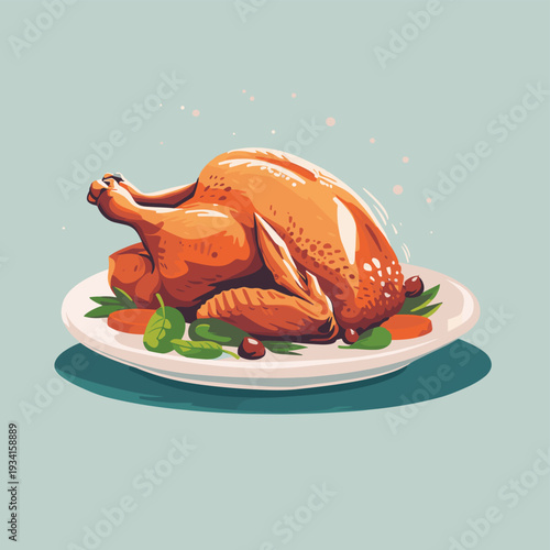 Roasted whole turkey on platter with garnish for holiday dinner celebration meal