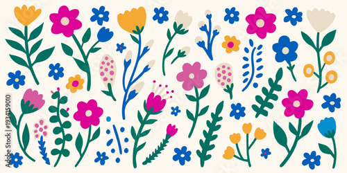 A colorful arrangement of stylized flowers and green foliage