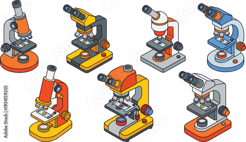 Set of isometric microscope vector illustrations for laboratory research, science education, and clinical biology,