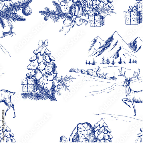 Blue toile de Jouy winter landscape with deer, snowman, trees, engraved Christmas pattern.