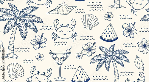 Seamless pattern featuring tropical icons like palm trees, crabs, and floral motifs on a beige background with blue illustrations