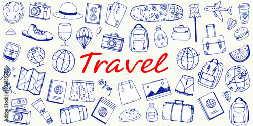 A collection of hand drawn travel themed objects and accessories