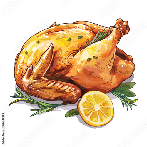 Roasted chicken with rosemary and lemon slice on a white plate, transparent background