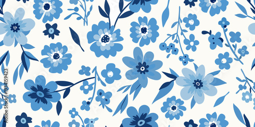 A seamless pattern of stylized blue flowers and delicate green foliage