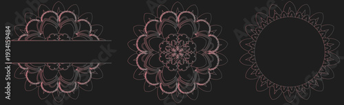 vector set of light gradient floral mandalas for tattoos or postcards on a dark background. text space
