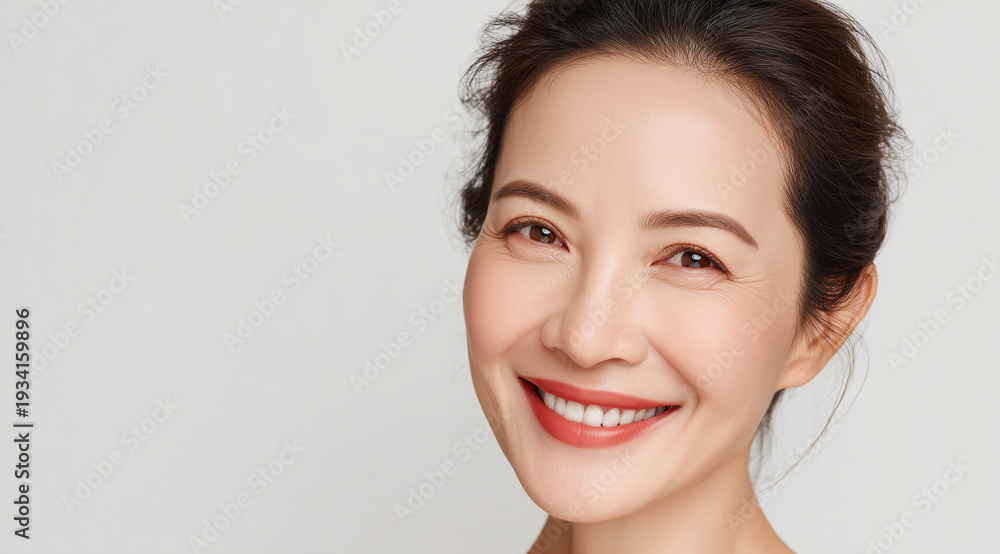 Naklejka premium Portrait of a mature Asian woman smiling with healthy white teeth in a dental clinic style 