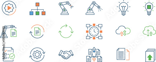 Automation process and workflow management icon set, flat vector illustration for robotic technology, cloud computing and business optimization