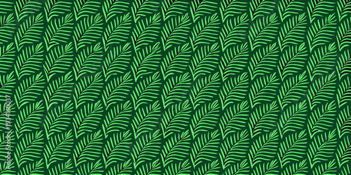 A seamless pattern of vibrant green stylized fern fronds on a dark background
