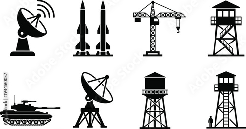 Military Base and Industrial Infrastructure Icon Set, Defense Technology and Construction Vector Silhouettes