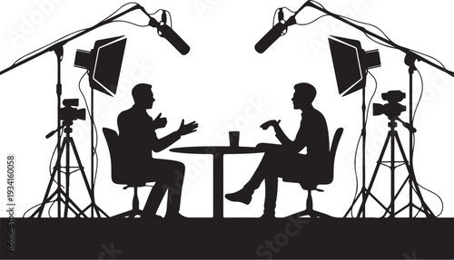 Silhouette of two men talking in a television studio
