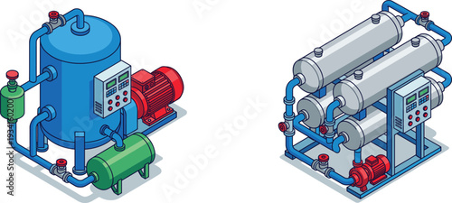 Industrial Water Treatment and Filtration System Isometric Vector Illustration Set, Pump and Tank Machinery
