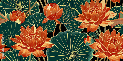 Elegant lotus flowers and leaves create a vibrant repeating pattern