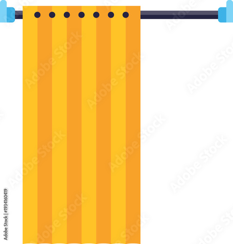 Yellow striped shower curtain hanging on a rod with blue brackets
