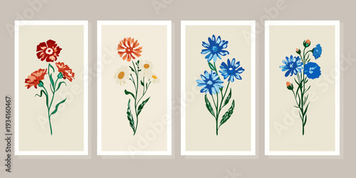 Four botanical illustrations of colorful flowers in simple white frames