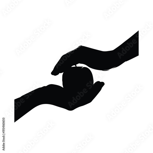 Hands exchanging an apple in a simple black silhouette