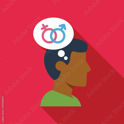 Person's head with a thought bubble featuring intertwined male and female symbols