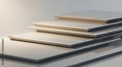 A set of white, rectangular, flat, and glossy podiums arranged in a staircase-like formation, with a soft, ambient light source illuminating the scene from above, 