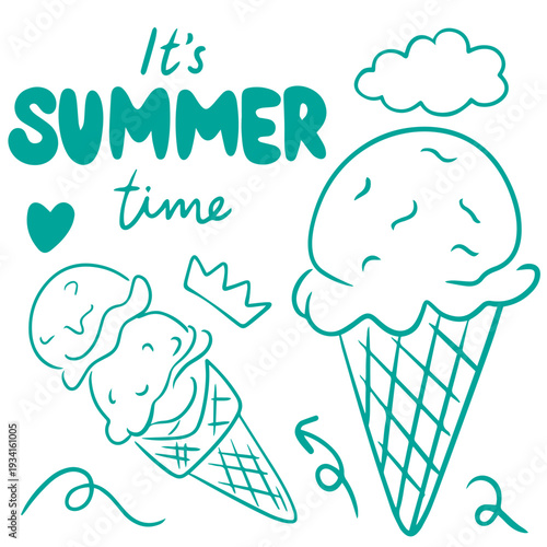Ice cream cones with It’s summer time doodle illustration
