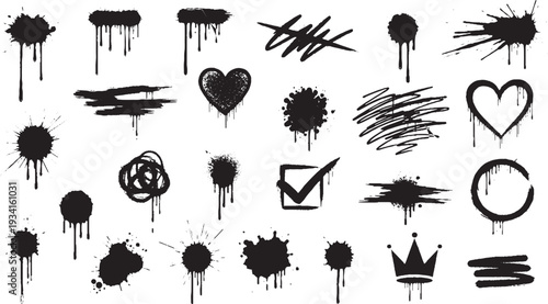 Graffiti spray paint splatter effects, hearts, crowns, and ink splatters for urban art, grunge designs, and creative elements