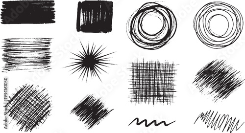 Black ink brush strokes and abstract graphic elements for creative design backgrounds, textures, and artistic effects
