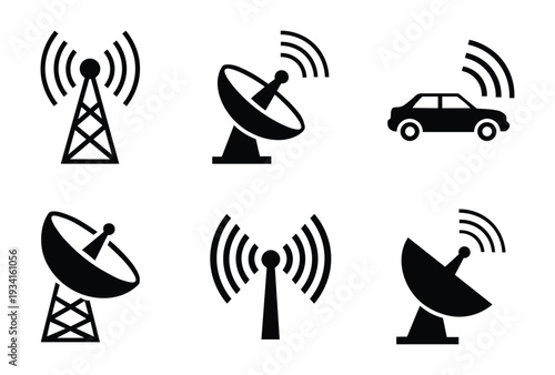 Collection of black icons representing various wireless communication technologies and devices on a white background simply