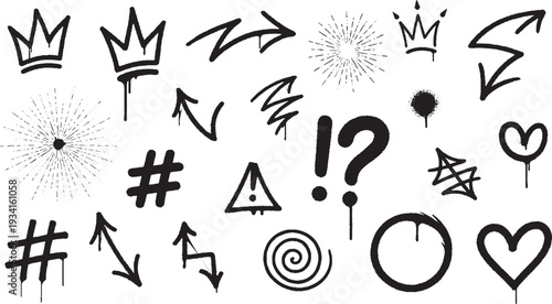 Graffiti art elements including crowns, arrows, hashtags, and exclamation marks with spray paint texture and drips