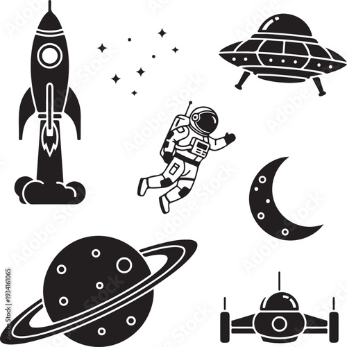 Vintage space exploration and extraterrestrial encounter illustration set