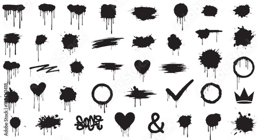 Collection of black spray paint splatters, drips, strokes, hearts, circles, and crowns on white background for grunge design.