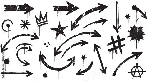 Graffiti style arrows, crowns, stars, hashtags, and abstract shapes with paint drips on a white background.