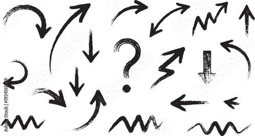 Black hand-painted brush stroke arrows and question mark symbols on white background, conveying direction and uncertainty.