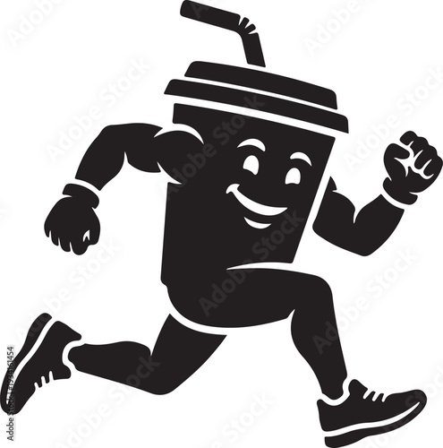 Animated coffee cup character running with a cheerful expression and a straw