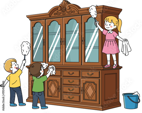 Children Dusting and Wiping a Large Wooden Cabinet with Glass Doors on White Background cleaning furniture