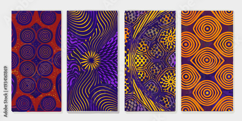 Four vibrant patterned panels featuring circular and spiral designs
