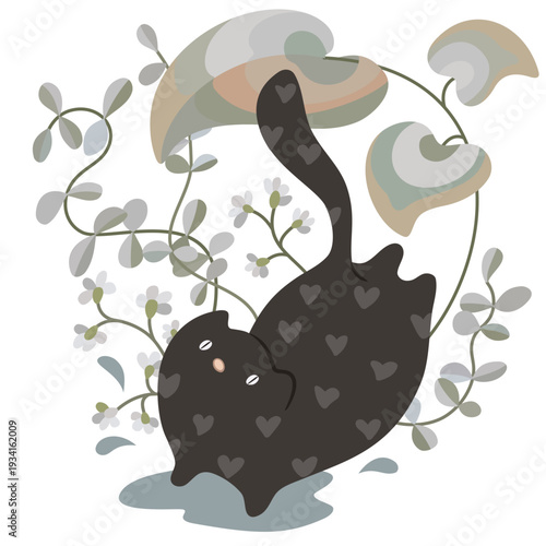Adorable minimalistic vector illustration of a black cat with hearts leaning, surrounded by plants. A funny kitten jumps into a puddle. Delicate black-gray color palette, clean lines, flat style