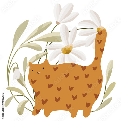 Adorable minimalistic vector illustration of a ginger cat with hearts leaning, surrounded by plants. The background is filled with huge daisy flowers. Delicate orange-green color palette, clean lines,