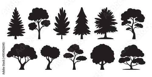 Group of diverse tree silhouettes representing nature and organic elements isolated vector