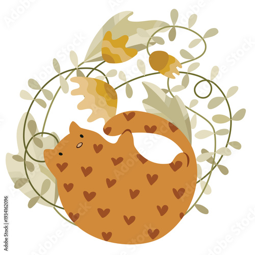 Adorable minimalistic vector illustration of a ginger cat with hearts leaning, surrounded by plants. A cute kitten plays with its tail. Delicate orange-green color palette, clean lines, flat style