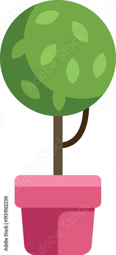 Green topiary tree in a pink pot with flat design style on a white background