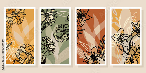 Four botanical wall art panels with abstract floral line drawings