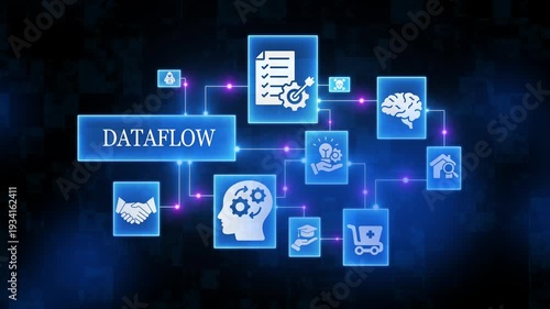 Dataflow Concept with Interconnected Business and Technology on Blue Background infographic flowchart