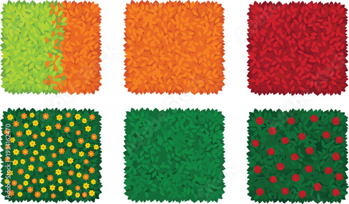 Green shrubs and square hedge top view flat vector illustration set for architectural landscape design plan