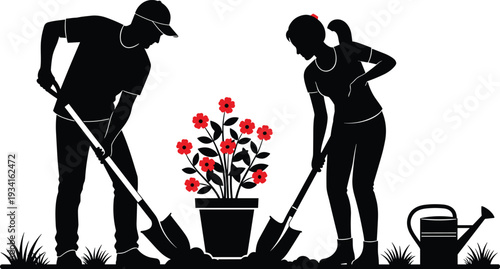 Silhouettes of Man and Woman Planting Flowers in Pot with Watering Can on White Background gardening