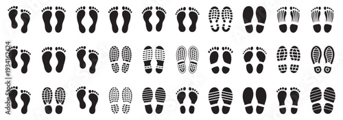 Human Footprints Icon Set, Foot Imprint and Footsteps Collection, Barefoot, Sneaker, and Shoe Silhouette Icons