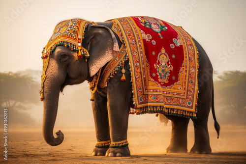 Majestic Indian Elephant Adorned in Vibrant Traditional Attire, Symbolizing Cultural Heritage and Royal Grandeur on Sandy Plains.