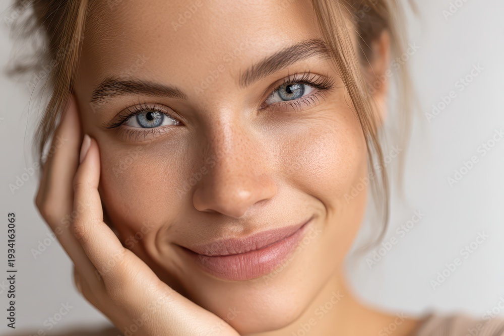 Naklejka premium Close-up portrait of a naturally beautiful woman with blue eyes, smiling gently and holding her face with her hand, showcasing her radiant complexion.
