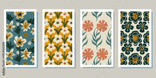 Four botanical prints with colorful floral and leaf patterns displayed vertically