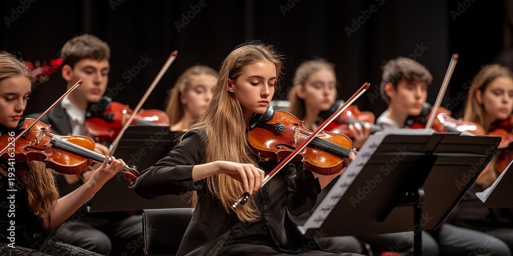 Fototapeta premium Orchestra Youth Performance Featuring Talented Young Musicians Playing Violins for Engaged Audience